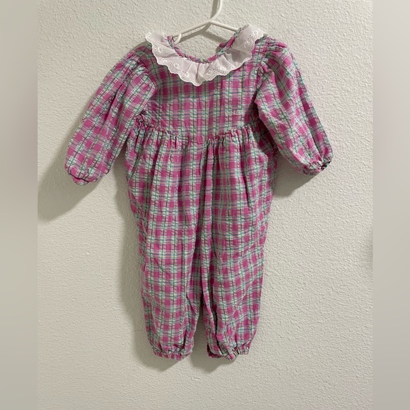 Vintage Oshkosh Charming Pink Plaid Baby Romper with Lace Collar - Picture 1 of 6